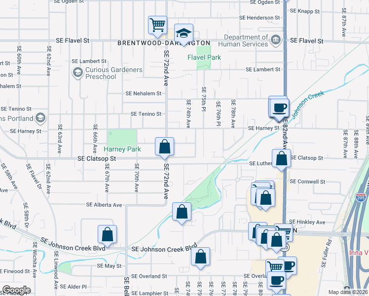 map of restaurants, bars, coffee shops, grocery stores, and more near 7414 Southeast Sherrett Street in Portland