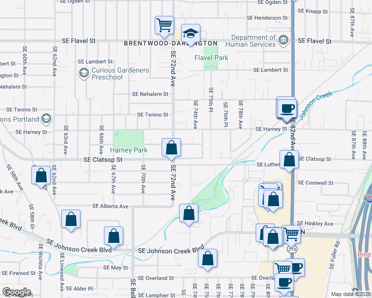 map of restaurants, bars, coffee shops, grocery stores, and more near 8518 Southeast 72nd Avenue in Portland
