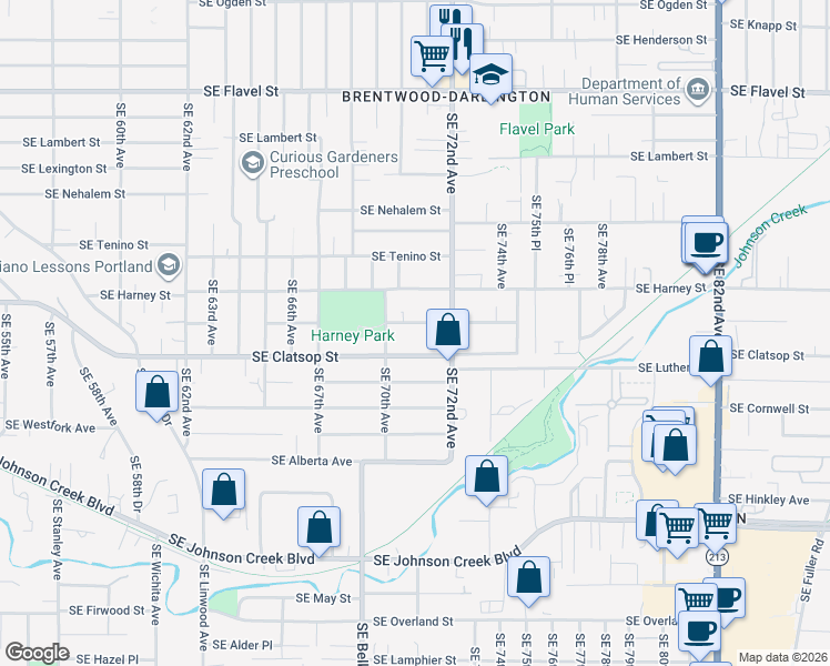 map of restaurants, bars, coffee shops, grocery stores, and more near 7104 Southeast Sherrett Street in Portland