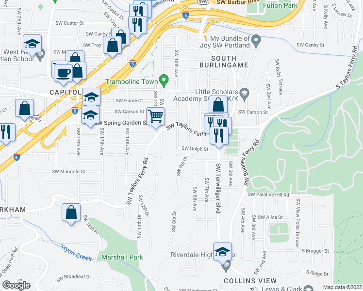 map of restaurants, bars, coffee shops, grocery stores, and more near 919 Southwest Dolph Street in Portland