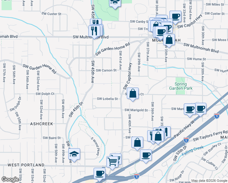 map of restaurants, bars, coffee shops, grocery stores, and more near 8729 Southwest 41st Avenue in Portland