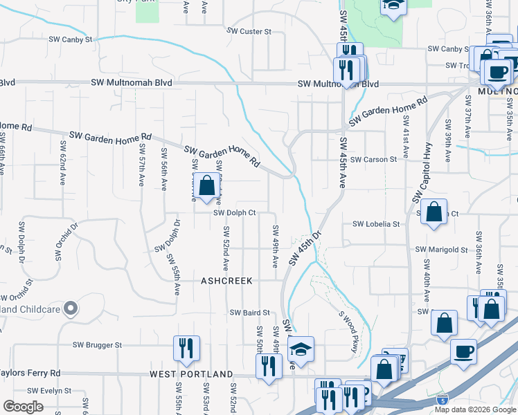 map of restaurants, bars, coffee shops, grocery stores, and more near 5026 Southwest Robert Court in Portland