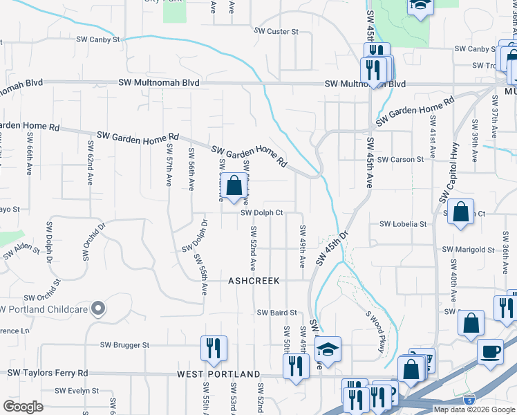 map of restaurants, bars, coffee shops, grocery stores, and more near 5120 Southwest Robert Court in Portland