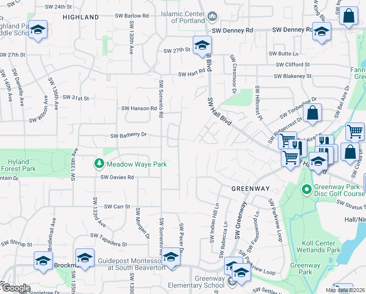 map of restaurants, bars, coffee shops, grocery stores, and more near 7957 Southwest Connemara Terrace in Beaverton