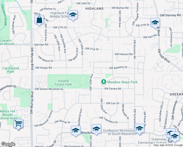 map of restaurants, bars, coffee shops, grocery stores, and more near 7995 Southwest 135th Avenue in Beaverton