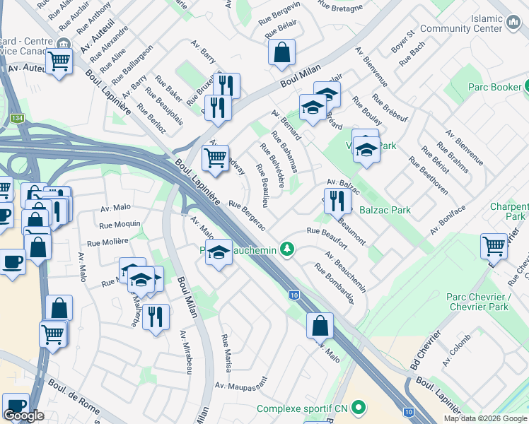 map of restaurants, bars, coffee shops, grocery stores, and more near 3435 Rue Beaulieu in Brossard