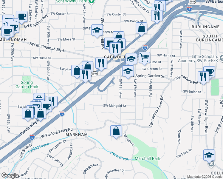 map of restaurants, bars, coffee shops, grocery stores, and more near 8620 Southwest 21st Avenue in Portland