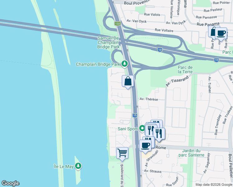 map of restaurants, bars, coffee shops, grocery stores, and more near 7438 Place Tanger in Brossard