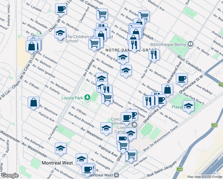 map of restaurants, bars, coffee shops, grocery stores, and more near 6962 Avenue Somerled in Montréal