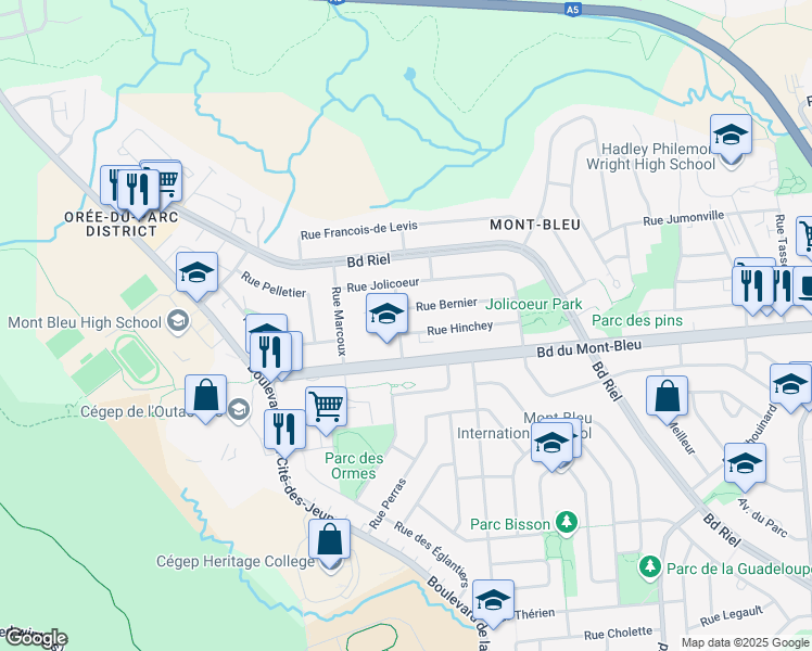map of restaurants, bars, coffee shops, grocery stores, and more near 12 Rue des Groseilliers in Gatineau