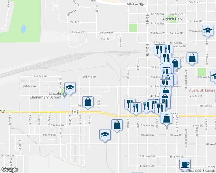 map of restaurants, bars, coffee shops, grocery stores, and more near 605 3rd Ave SW in Aberdeen