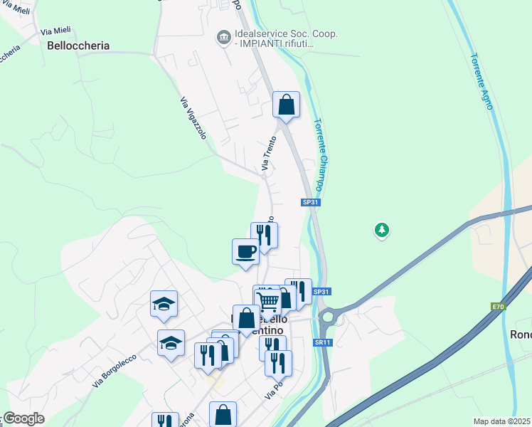 map of restaurants, bars, coffee shops, grocery stores, and more near 105 Via Trento in Montebello Vicentino