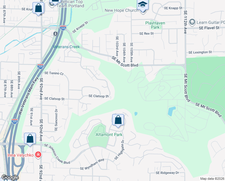 map of restaurants, bars, coffee shops, grocery stores, and more near 10114 Southeast Clatsop Street in Portland
