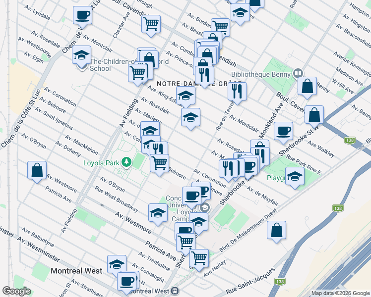 map of restaurants, bars, coffee shops, grocery stores, and more near 4573 Avenue de Mayfair in Montréal