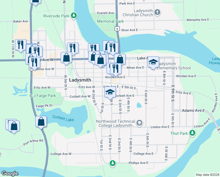 map of restaurants, bars, coffee shops, grocery stores, and more near 320 East 2nd Street South in Ladysmith