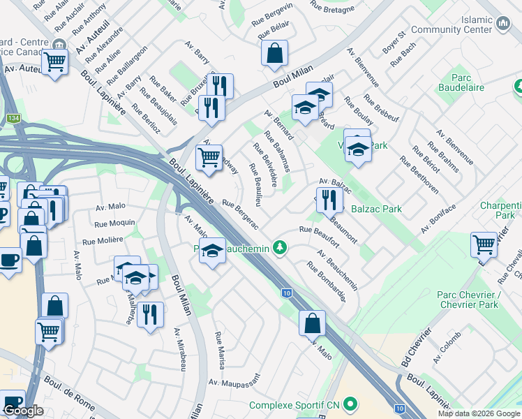 map of restaurants, bars, coffee shops, grocery stores, and more near 3435 Rue Beaulieu in Brossard