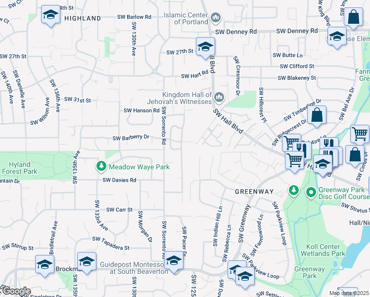 map of restaurants, bars, coffee shops, grocery stores, and more near 7950 Southwest Connemara Terrace in Beaverton