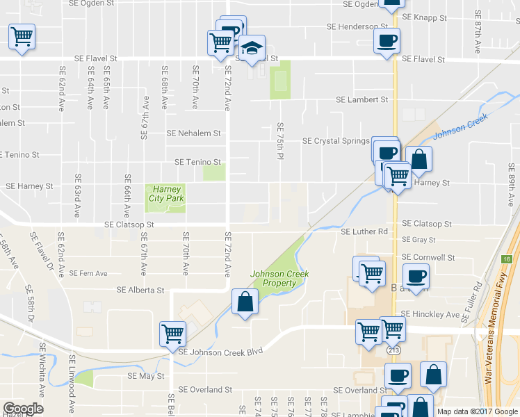 map of restaurants, bars, coffee shops, grocery stores, and more near 7414 Southeast Sherrett Street in Portland