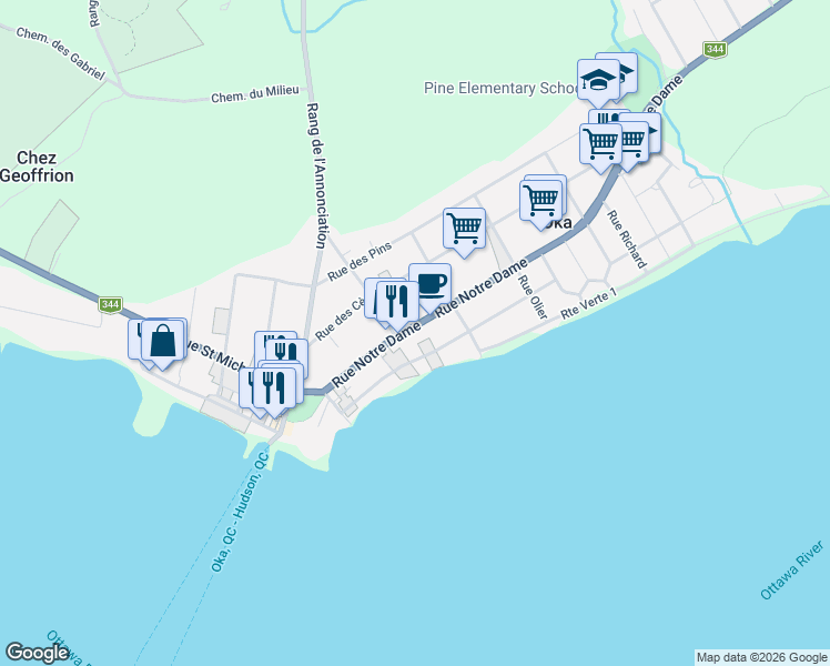 map of restaurants, bars, coffee shops, grocery stores, and more near 110 Rue Notre Dame in Oka