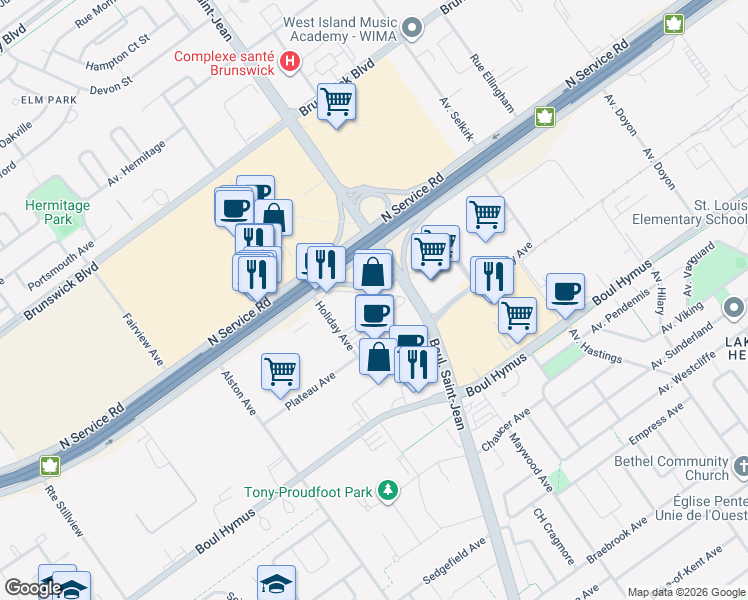 map of restaurants, bars, coffee shops, grocery stores, and more near 6600 Trans-Canada Highway in Montreal