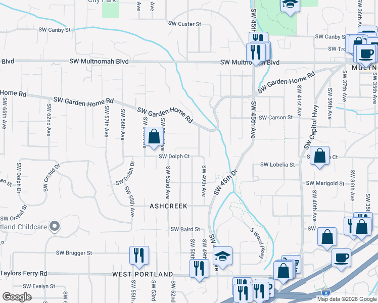 map of restaurants, bars, coffee shops, grocery stores, and more near 5026 Southwest Robert Court in Portland