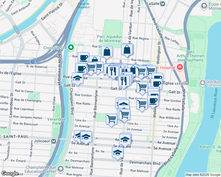 map of restaurants, bars, coffee shops, grocery stores, and more near 748 Galt Street in Montreal