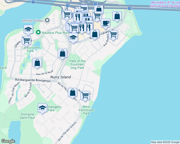 map of restaurants, bars, coffee shops, grocery stores, and more near 120 Rue Ferland in Montreal