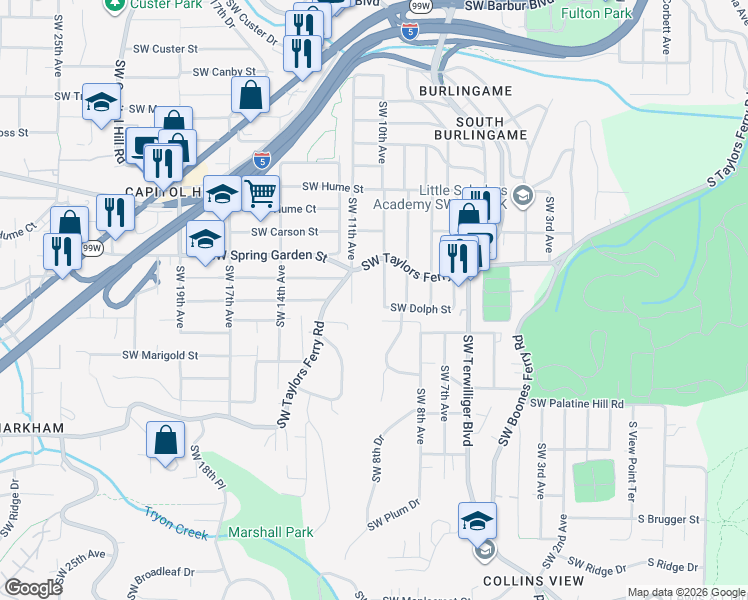 map of restaurants, bars, coffee shops, grocery stores, and more near 8658 Southwest 11th Avenue in Portland