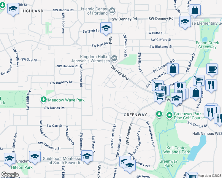 map of restaurants, bars, coffee shops, grocery stores, and more near 12332 Southwest Meader Way in Beaverton