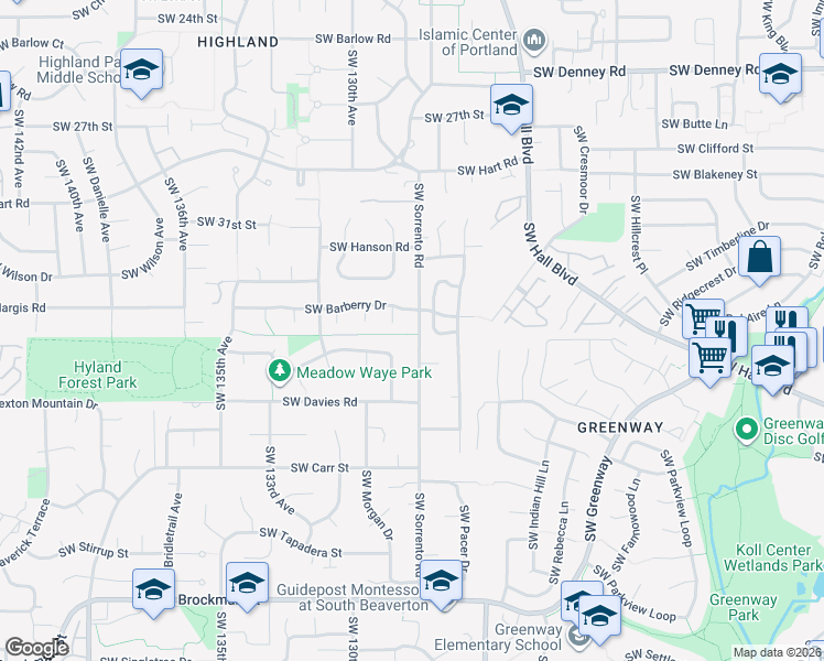 map of restaurants, bars, coffee shops, grocery stores, and more near 7945 Southwest Sorrento Road in Beaverton