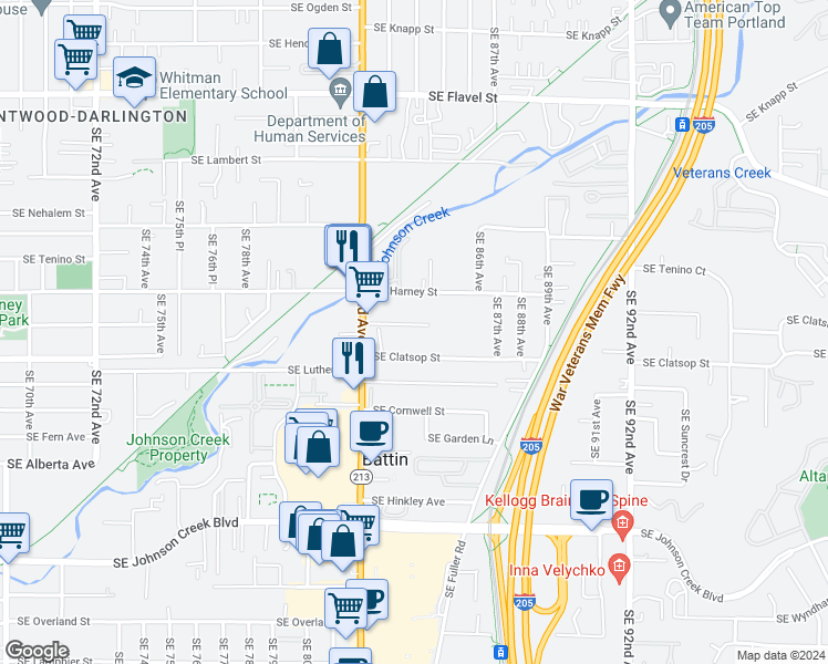 map of restaurants, bars, coffee shops, grocery stores, and more near 8334 Southeast Sherrett Street in Portland