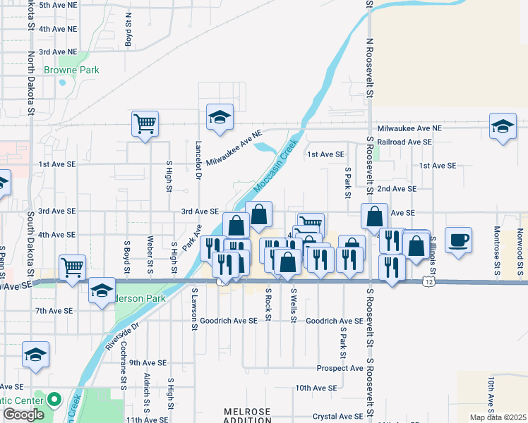 map of restaurants, bars, coffee shops, grocery stores, and more near 3rd Avenue Southeast in Aberdeen