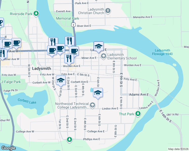 map of restaurants, bars, coffee shops, grocery stores, and more near 420 Worden Avenue East in Ladysmith