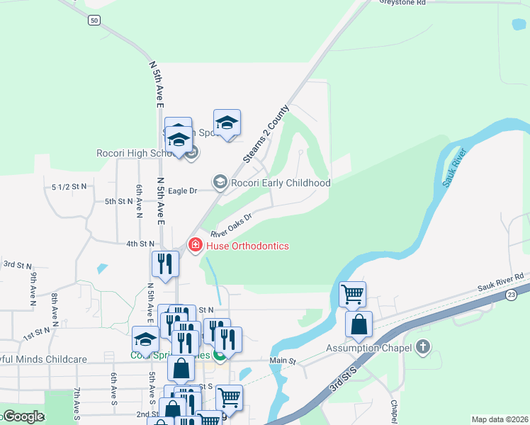 map of restaurants, bars, coffee shops, grocery stores, and more near 134 River Oaks Drive in Cold Spring