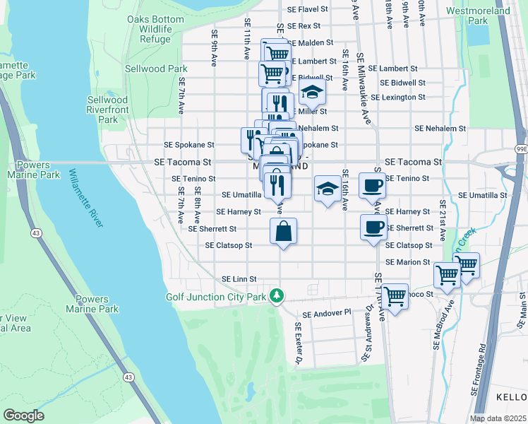 map of restaurants, bars, coffee shops, grocery stores, and more near 1137 SE Harney St in Portland
