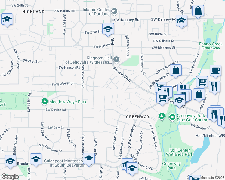 map of restaurants, bars, coffee shops, grocery stores, and more near 12332 Southwest Meader Way in Beaverton