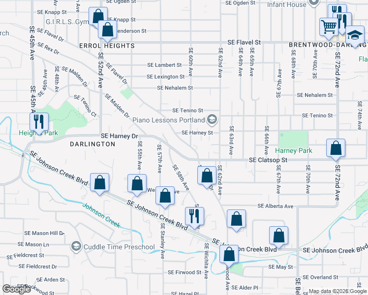 map of restaurants, bars, coffee shops, grocery stores, and more near 5960 Southeast Flavel Drive in Portland
