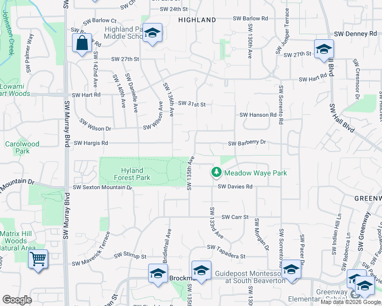 map of restaurants, bars, coffee shops, grocery stores, and more near 7995 Southwest 135th Avenue in Beaverton