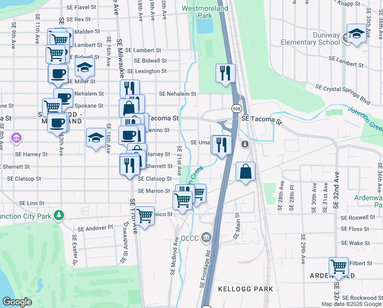 map of restaurants, bars, coffee shops, grocery stores, and more near 8333 Southeast 23rd Avenue in Portland