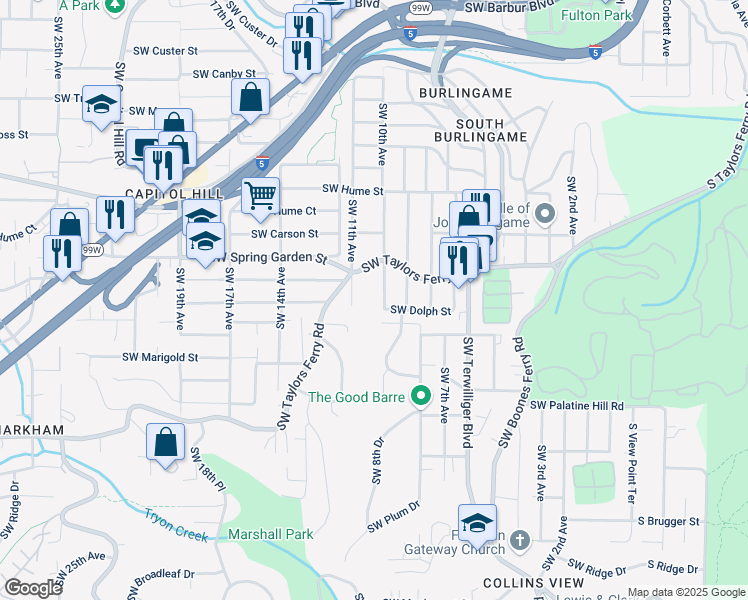map of restaurants, bars, coffee shops, grocery stores, and more near 8658 Southwest 11th Avenue in Portland