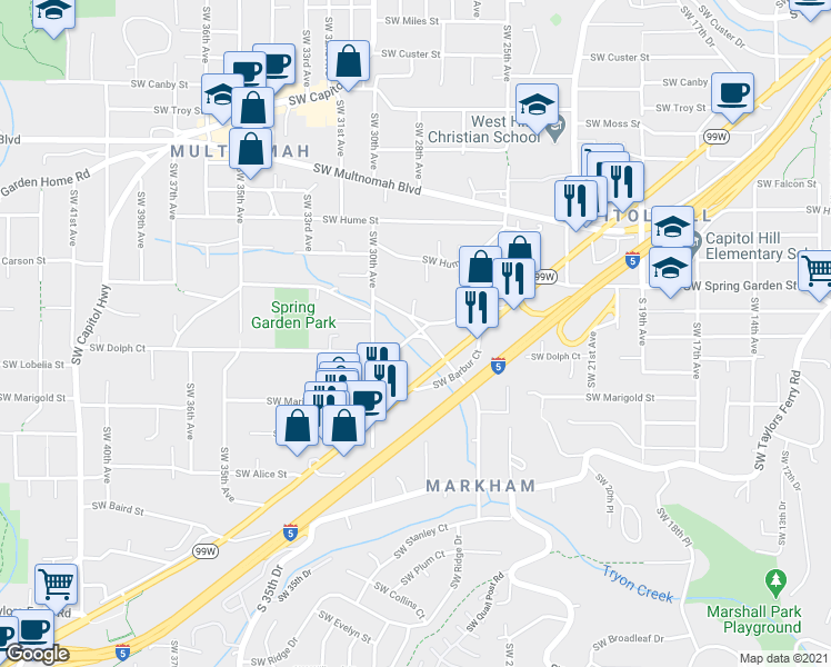 map of restaurants, bars, coffee shops, grocery stores, and more near 2844 Southwest Dolph Court in Portland