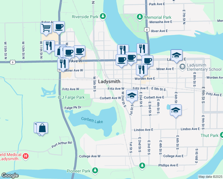 map of restaurants, bars, coffee shops, grocery stores, and more near 320 Fritz Avenue East in Ladysmith