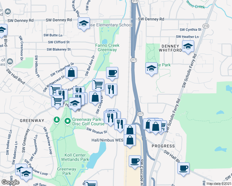 map of restaurants, bars, coffee shops, grocery stores, and more near 7728 Southwest Nimbus Avenue in Beaverton