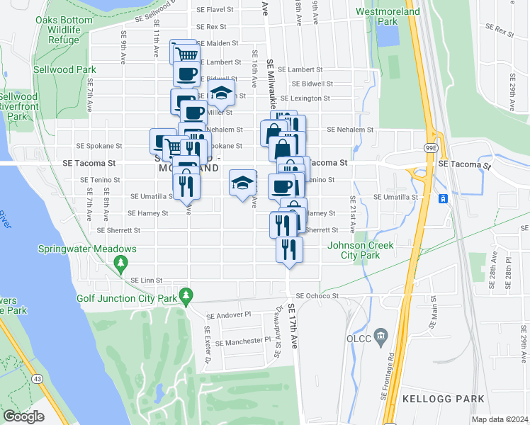 map of restaurants, bars, coffee shops, grocery stores, and more near 1622 Southeast Harney Street in Portland