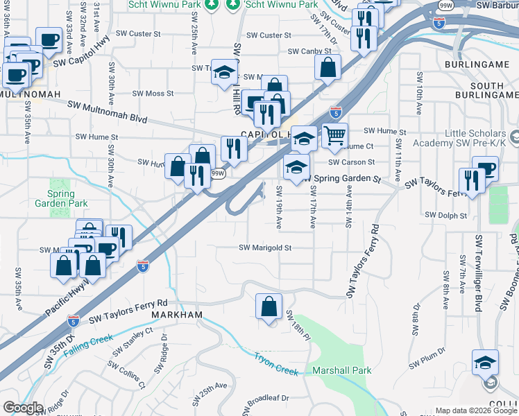 map of restaurants, bars, coffee shops, grocery stores, and more near 8614 Southwest 21st Avenue in Portland