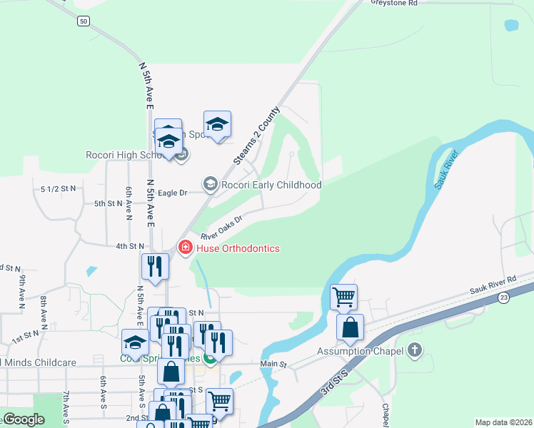 map of restaurants, bars, coffee shops, grocery stores, and more near 134 River Oaks Drive in Cold Spring