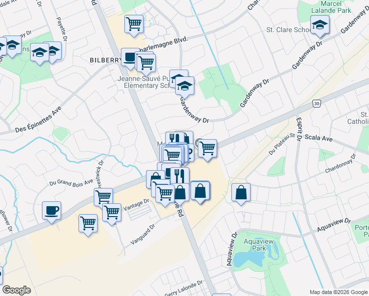 map of restaurants, bars, coffee shops, grocery stores, and more near 4471 Innes Road in Ottawa