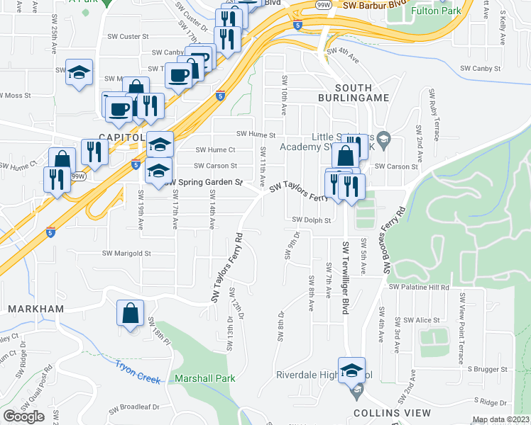 map of restaurants, bars, coffee shops, grocery stores, and more near 8648 Southwest 11th Avenue in Portland