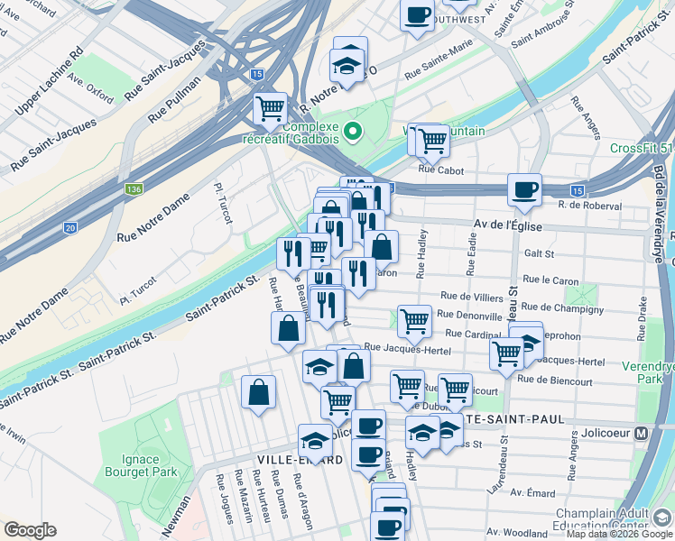 map of restaurants, bars, coffee shops, grocery stores, and more near 2340 Rue le Caron in Montréal