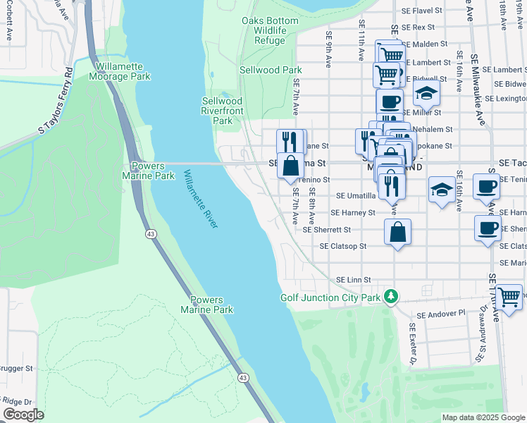 map of restaurants, bars, coffee shops, grocery stores, and more near 100 Southeast Harney Street in Portland